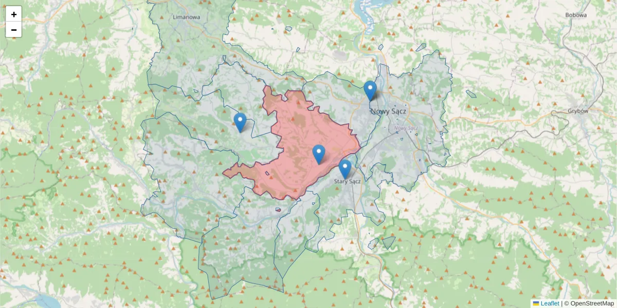 Szczegółowa mapa kodu pocztowego 33-386 z granicami, sąsiednimi kodami pocztowymi i urzędami pocztowymi