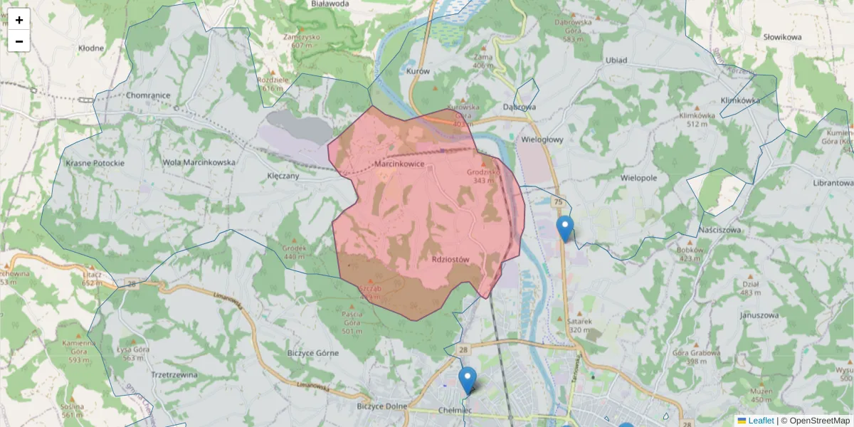 Szczegółowa mapa kodu pocztowego 33-393 z granicami, sąsiednimi kodami pocztowymi i urzędami pocztowymi