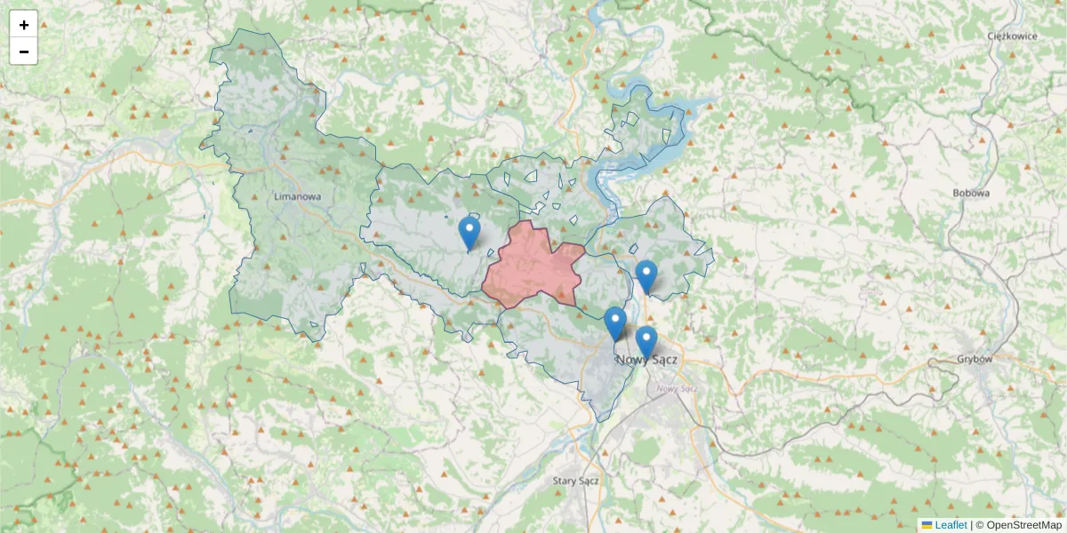 Szczegółowa mapa kodu pocztowego 33-394 z granicami, sąsiednimi kodami pocztowymi i urzędami pocztowymi