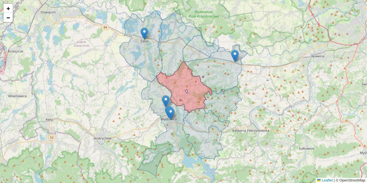 Szczegółowa mapa kodu pocztowego 34-103 z granicami, sąsiednimi kodami pocztowymi i urzędami pocztowymi