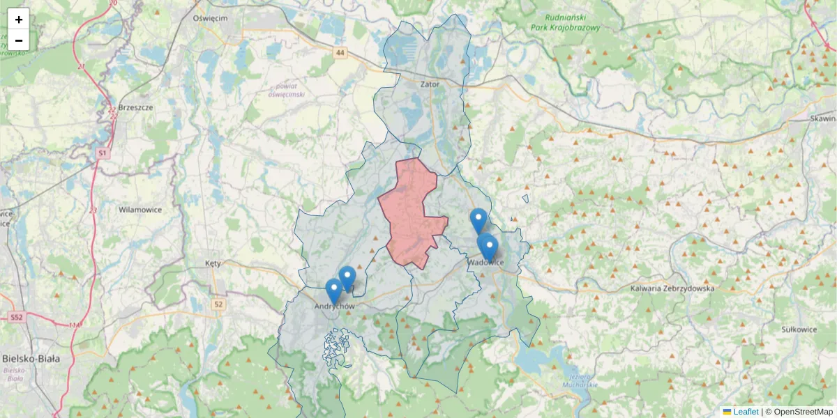 Szczegółowa mapa kodu pocztowego 34-108 z granicami, sąsiednimi kodami pocztowymi i urzędami pocztowymi