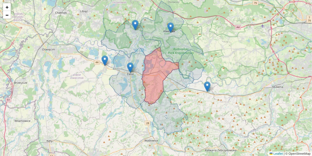 Szczegółowa mapa kodu pocztowego 34-116 z granicami, sąsiednimi kodami pocztowymi i urzędami pocztowymi