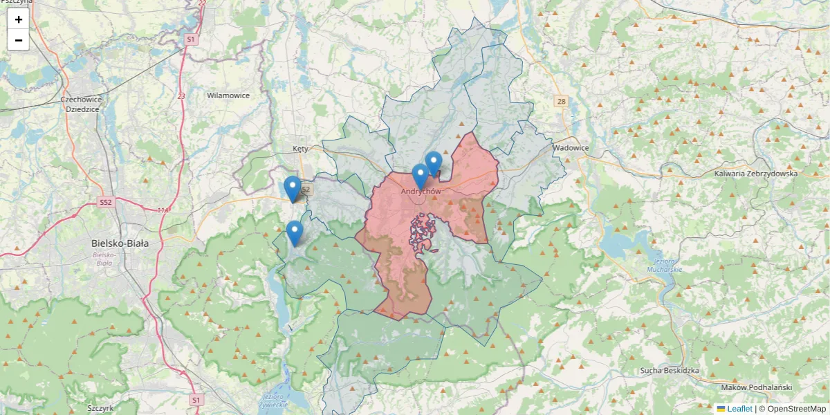Szczegółowa mapa kodu pocztowego 34-120 z granicami, sąsiednimi kodami pocztowymi i urzędami pocztowymi