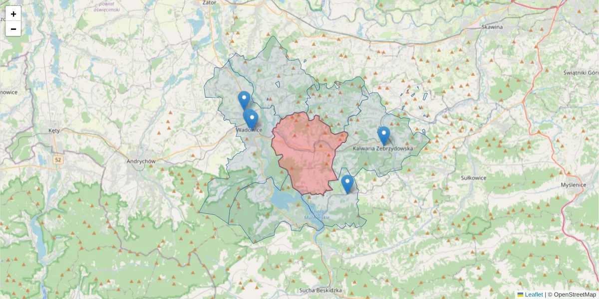 Szczegółowa mapa kodu pocztowego 34-124 z granicami, sąsiednimi kodami pocztowymi i urzędami pocztowymi