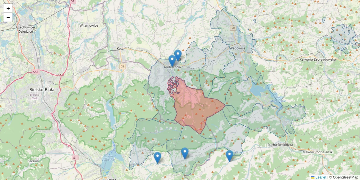 Szczegółowa mapa kodu pocztowego 34-125 z granicami, sąsiednimi kodami pocztowymi i urzędami pocztowymi