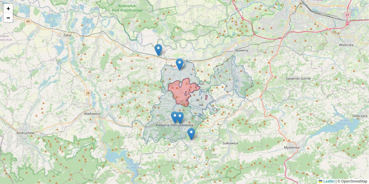Szczegółowa mapa kodu pocztowego 34-141 z granicami, sąsiednimi kodami pocztowymi i urzędami pocztowymi
