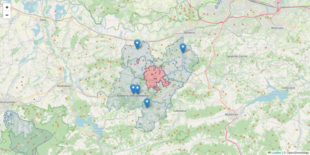 Szczegółowa mapa kodu pocztowego 34-142 z granicami, sąsiednimi kodami pocztowymi i urzędami pocztowymi