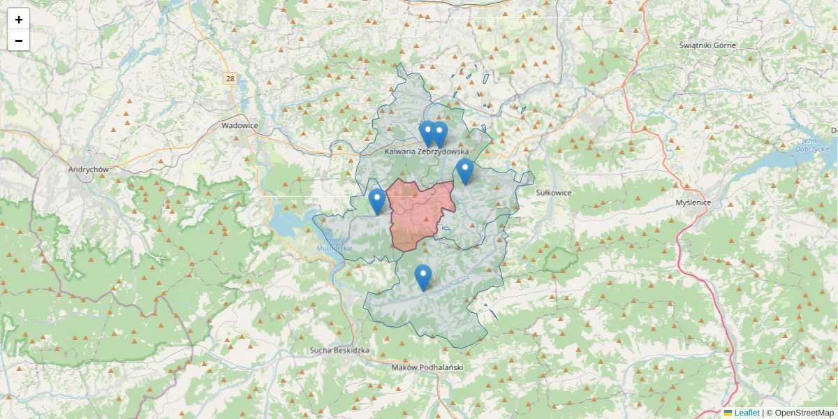Szczegółowa mapa kodu pocztowego 34-145 z granicami, sąsiednimi kodami pocztowymi i urzędami pocztowymi