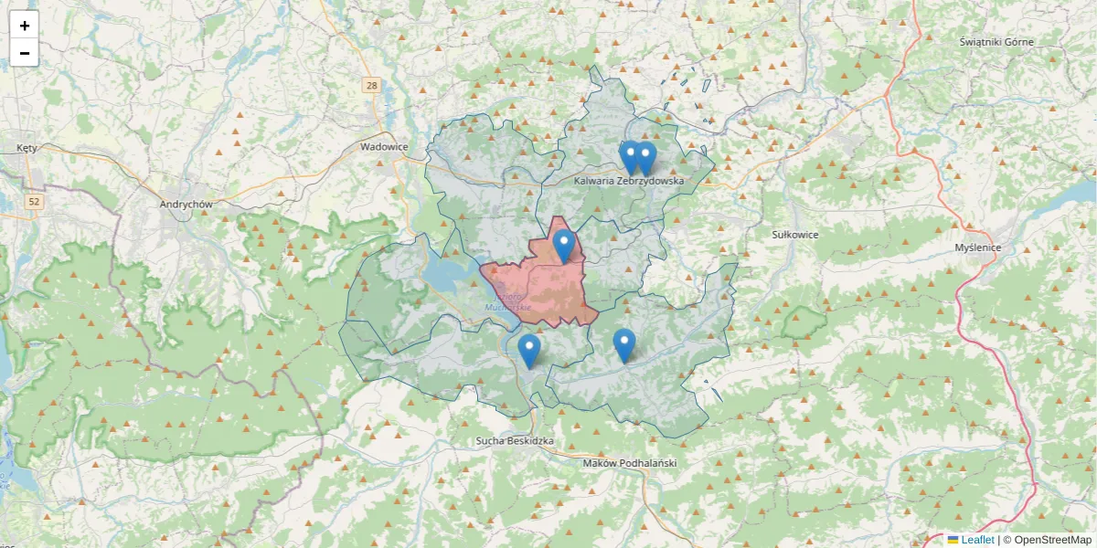 Szczegółowa mapa kodu pocztowego 34-146 z granicami, sąsiednimi kodami pocztowymi i urzędami pocztowymi