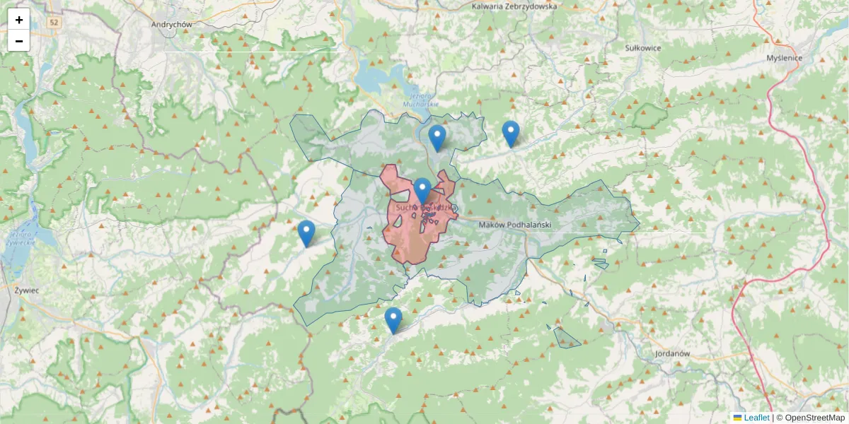 Szczegółowa mapa kodu pocztowego 34-200 z granicami, sąsiednimi kodami pocztowymi i urzędami pocztowymi
