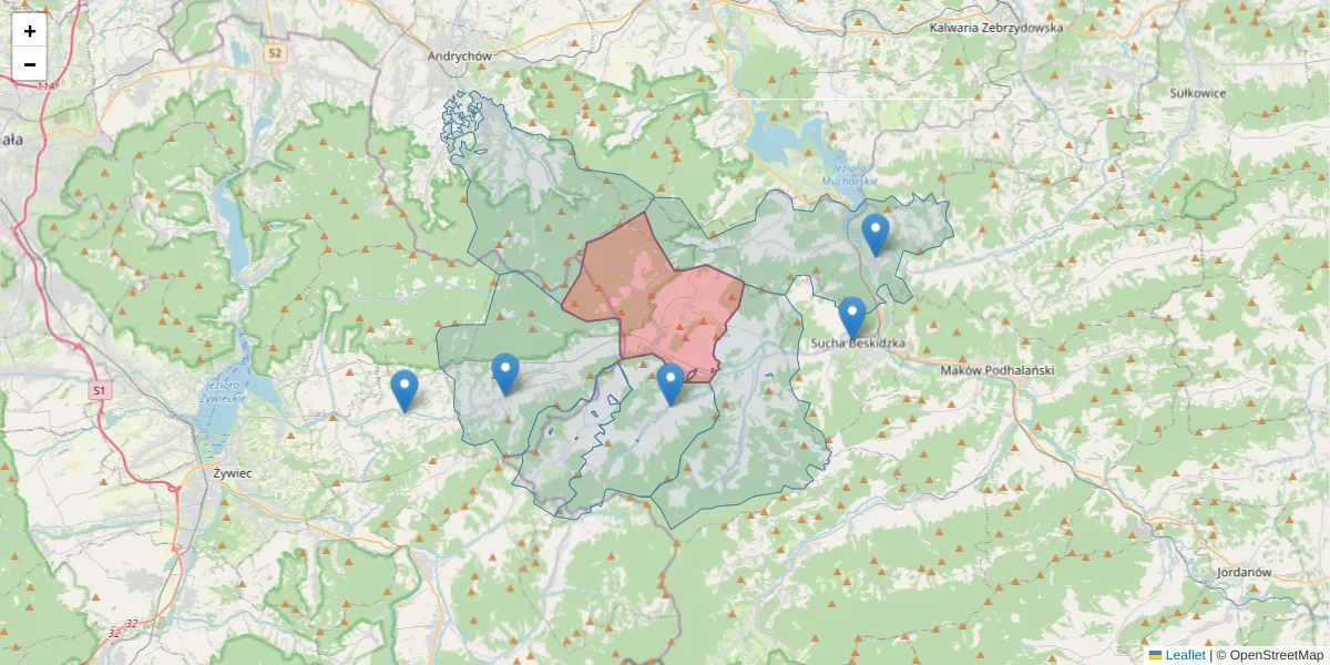 Szczegółowa mapa kodu pocztowego 34-206 z granicami, sąsiednimi kodami pocztowymi i urzędami pocztowymi