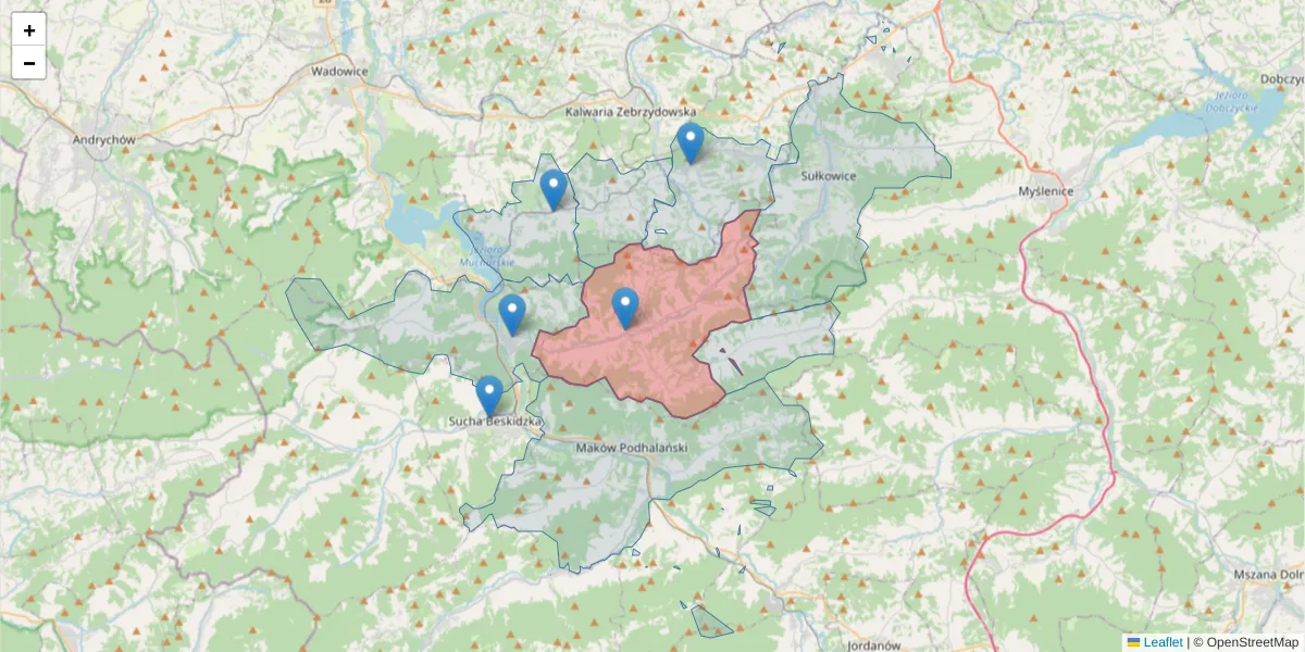 Szczegółowa mapa kodu pocztowego 34-211 z granicami, sąsiednimi kodami pocztowymi i urzędami pocztowymi