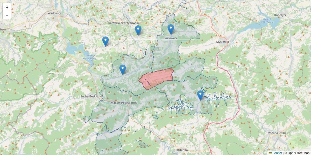Szczegółowa mapa kodu pocztowego 34-212 z granicami, sąsiednimi kodami pocztowymi i urzędami pocztowymi