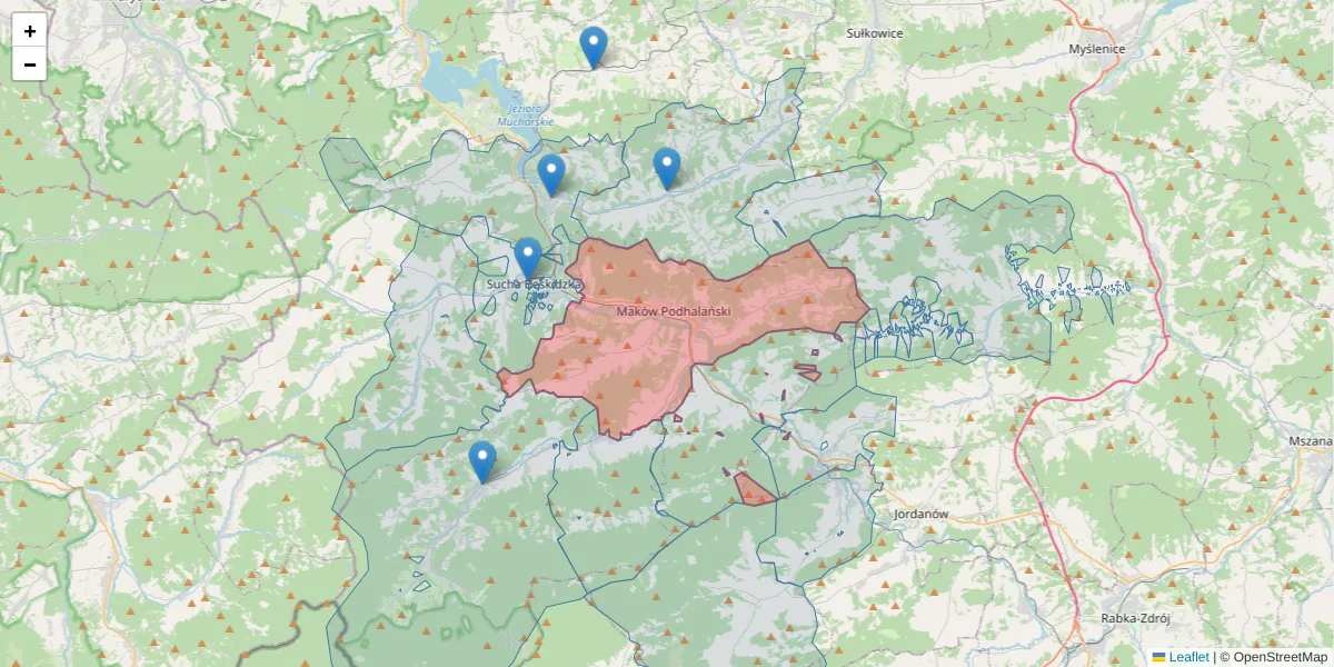 Szczegółowa mapa kodu pocztowego 34-220 z granicami, sąsiednimi kodami pocztowymi i urzędami pocztowymi
