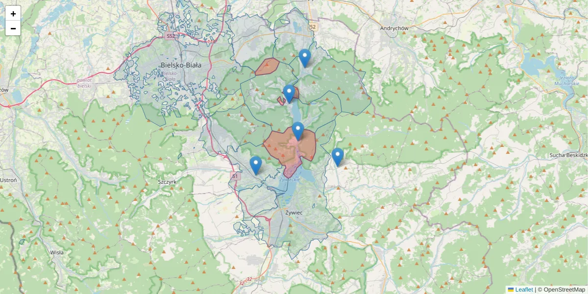 Szczegółowa mapa kodu pocztowego 34-311 z granicami, sąsiednimi kodami pocztowymi i urzędami pocztowymi