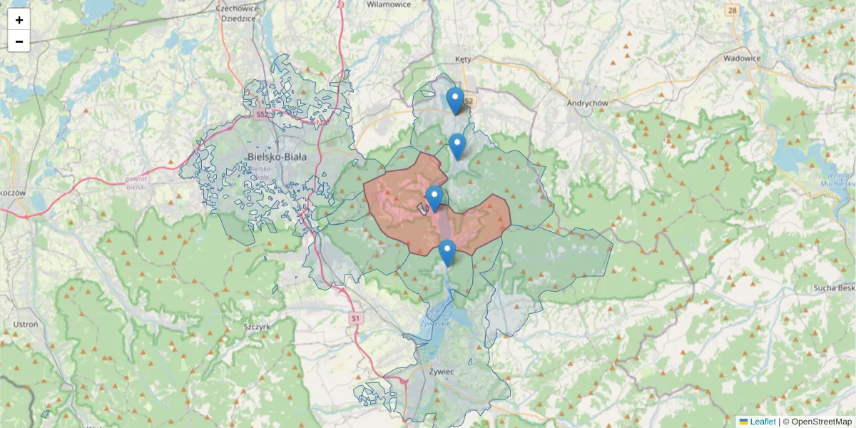 Szczegółowa mapa kodu pocztowego 34-312 z granicami, sąsiednimi kodami pocztowymi i urzędami pocztowymi