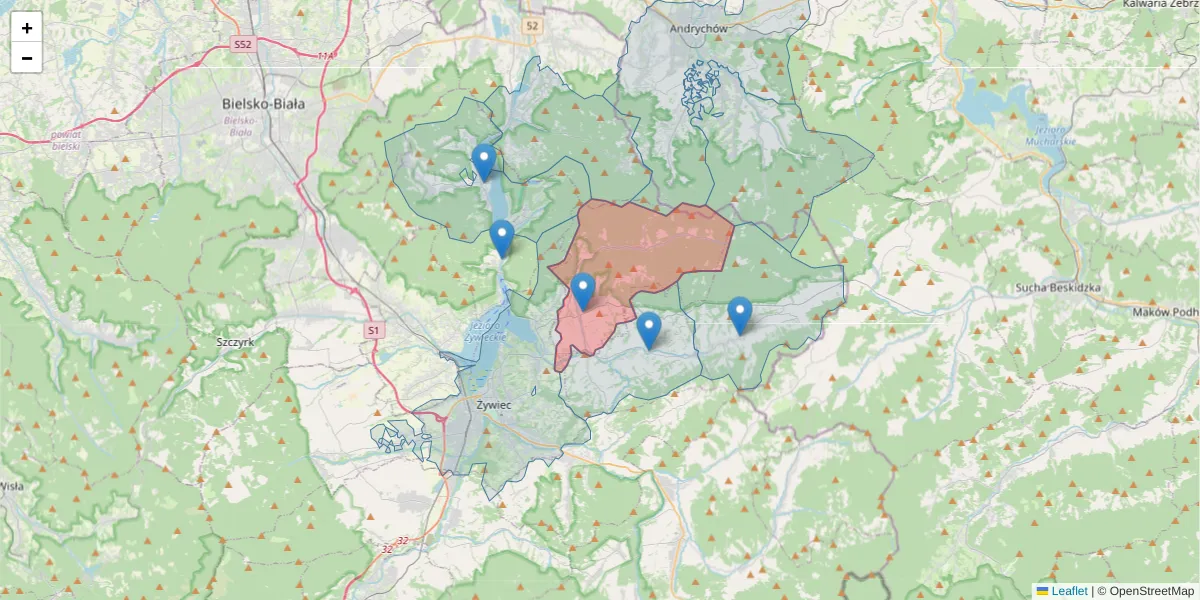 Szczegółowa mapa kodu pocztowego 34-321 z granicami, sąsiednimi kodami pocztowymi i urzędami pocztowymi