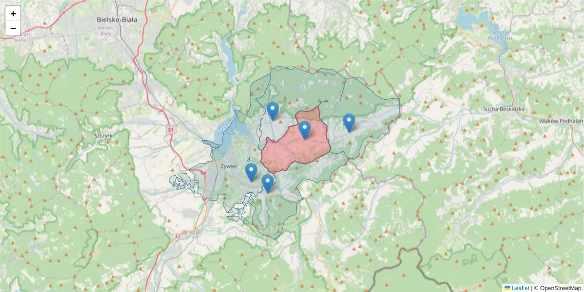 Szczegółowa mapa kodu pocztowego 34-322 z granicami, sąsiednimi kodami pocztowymi i urzędami pocztowymi