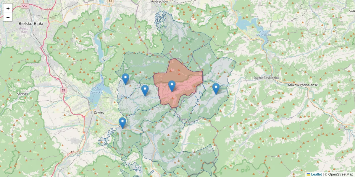Szczegółowa mapa kodu pocztowego 34-323 z granicami, sąsiednimi kodami pocztowymi i urzędami pocztowymi
