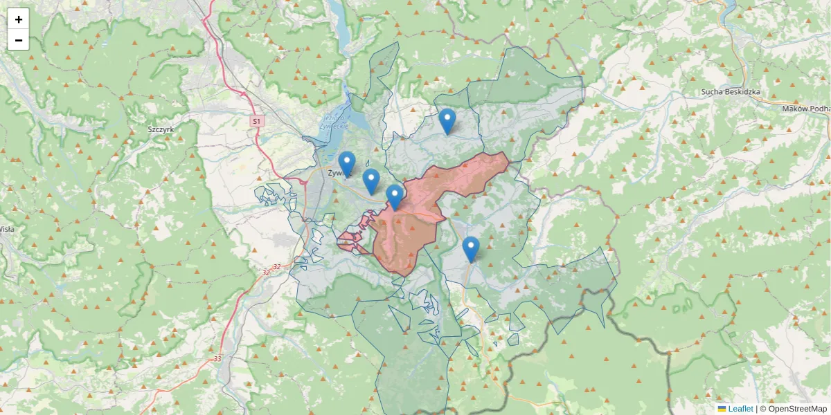 Szczegółowa mapa kodu pocztowego 34-331 z granicami, sąsiednimi kodami pocztowymi i urzędami pocztowymi