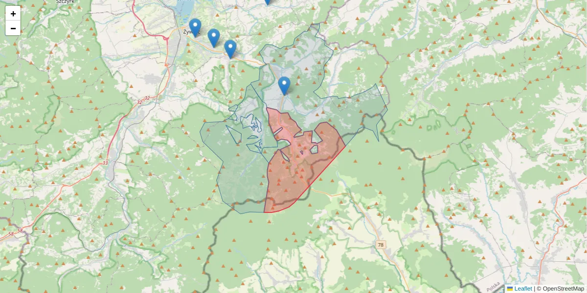 Szczegółowa mapa kodu pocztowego 34-335 z granicami, sąsiednimi kodami pocztowymi i urzędami pocztowymi