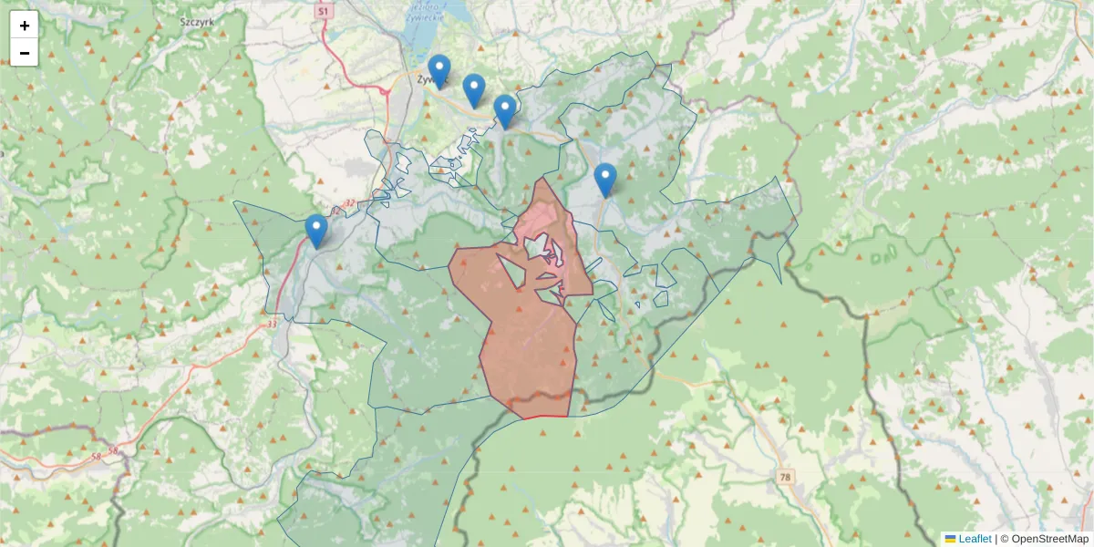 Szczegółowa mapa kodu pocztowego 34-341 z granicami, sąsiednimi kodami pocztowymi i urzędami pocztowymi