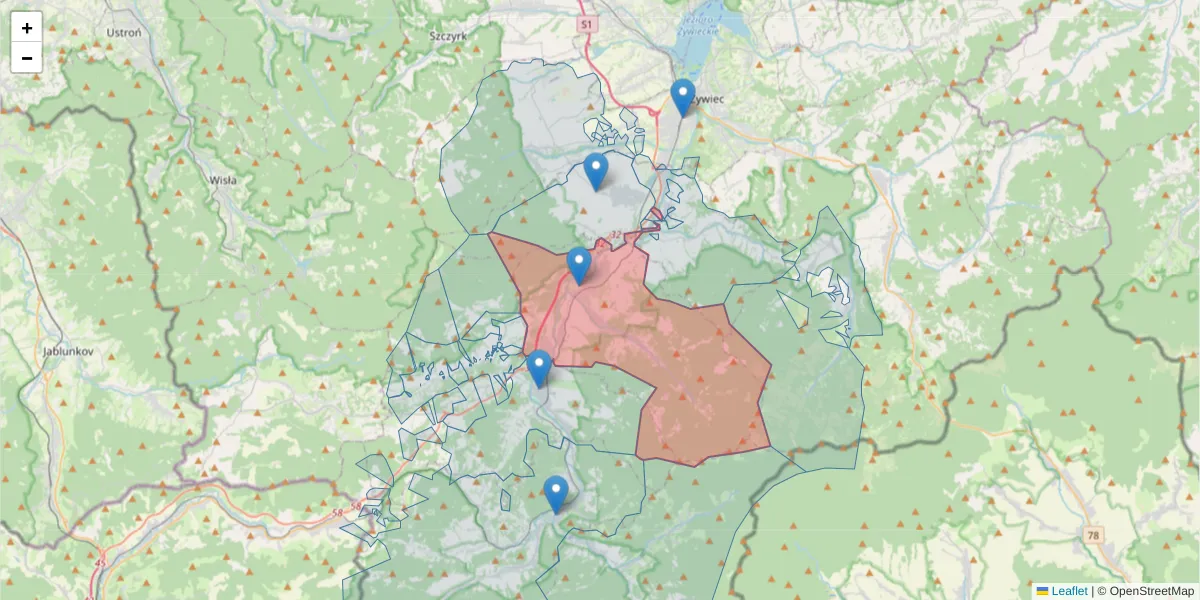 Szczegółowa mapa kodu pocztowego 34-350 z granicami, sąsiednimi kodami pocztowymi i urzędami pocztowymi