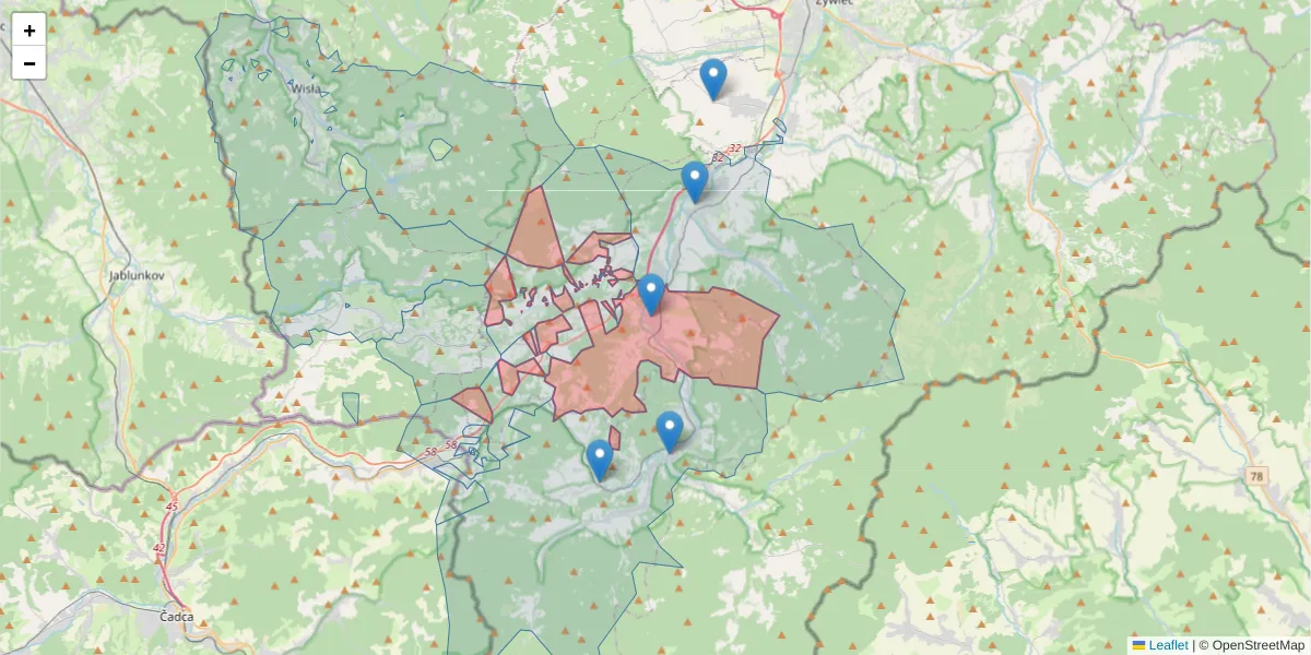 Szczegółowa mapa kodu pocztowego 34-360 z granicami, sąsiednimi kodami pocztowymi i urzędami pocztowymi