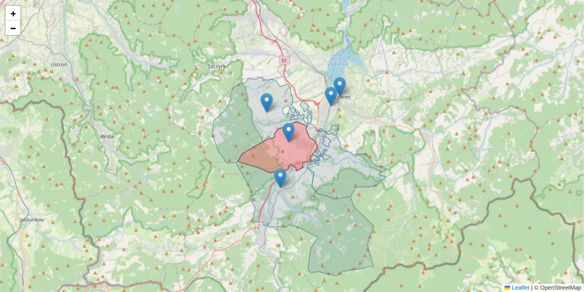 Szczegółowa mapa kodu pocztowego 34-381 z granicami, sąsiednimi kodami pocztowymi i urzędami pocztowymi