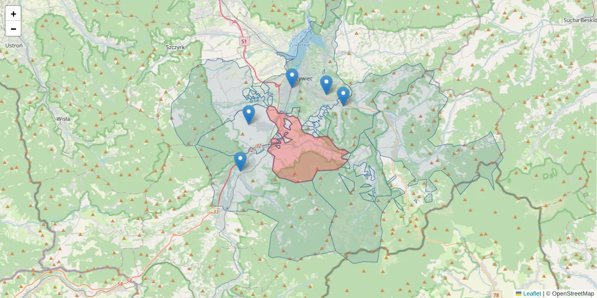 Szczegółowa mapa kodu pocztowego 34-382 z granicami, sąsiednimi kodami pocztowymi i urzędami pocztowymi