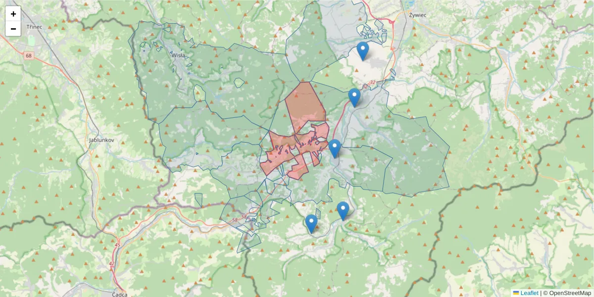 Szczegółowa mapa kodu pocztowego 34-383 z granicami, sąsiednimi kodami pocztowymi i urzędami pocztowymi