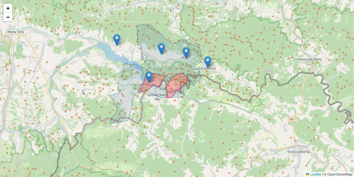 Szczegółowa mapa kodu pocztowego 34-443 z granicami, sąsiednimi kodami pocztowymi i urzędami pocztowymi
