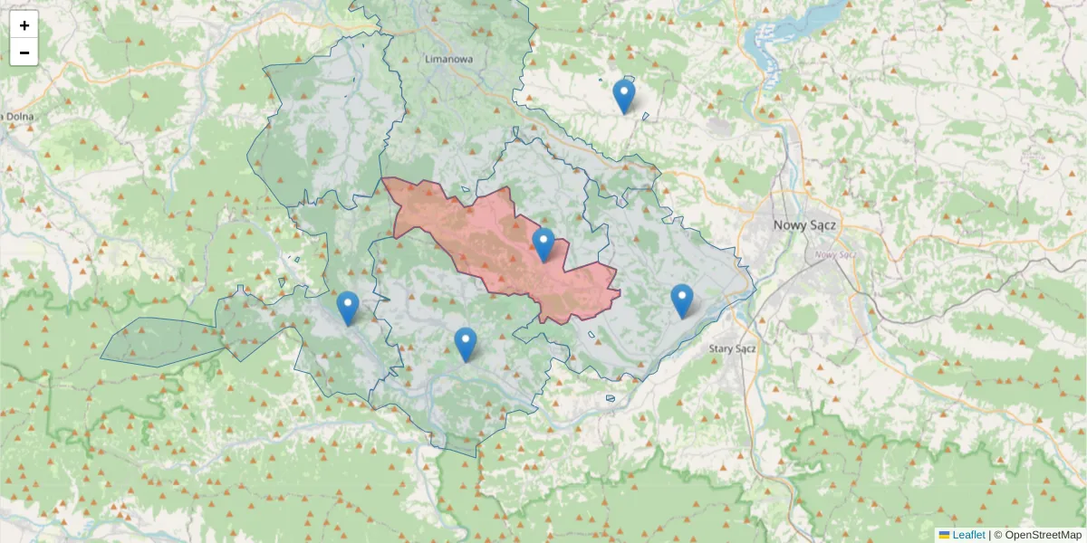 Szczegółowa mapa kodu pocztowego 34-606 z granicami, sąsiednimi kodami pocztowymi i urzędami pocztowymi