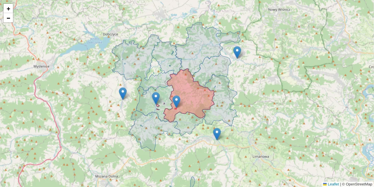 Szczegółowa mapa kodu pocztowego 34-620 z granicami, sąsiednimi kodami pocztowymi i urzędami pocztowymi