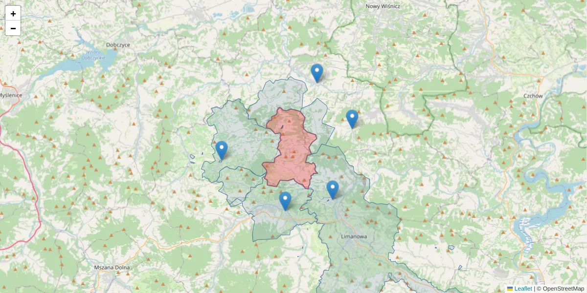 Szczegółowa mapa kodu pocztowego 34-652 z granicami, sąsiednimi kodami pocztowymi i urzędami pocztowymi