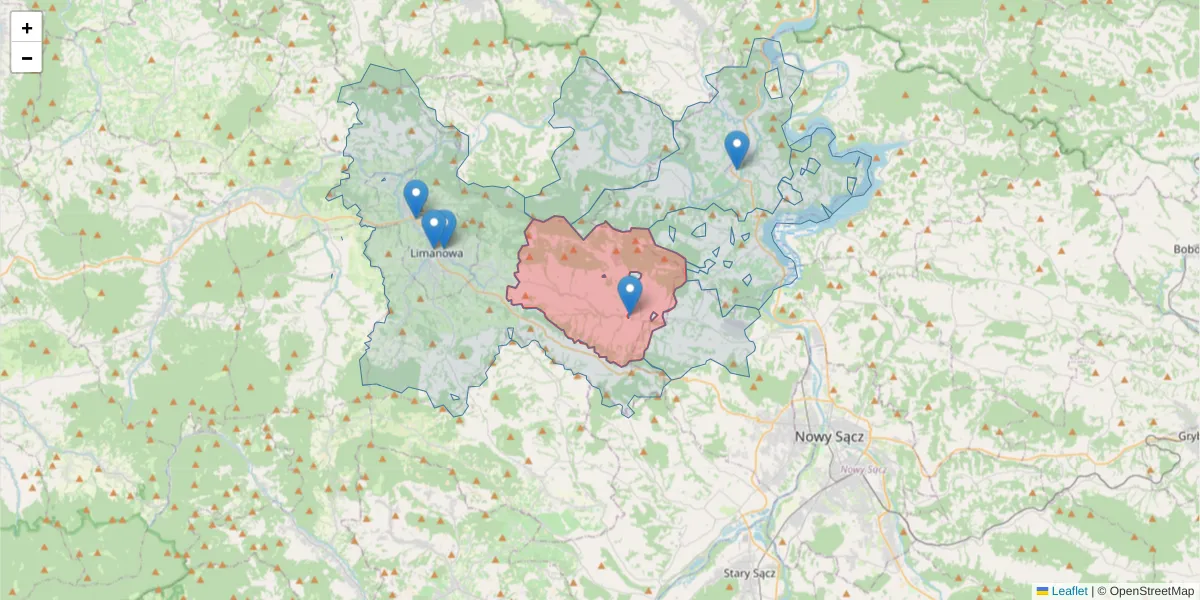 Szczegółowa mapa kodu pocztowego 34-654 z granicami, sąsiednimi kodami pocztowymi i urzędami pocztowymi