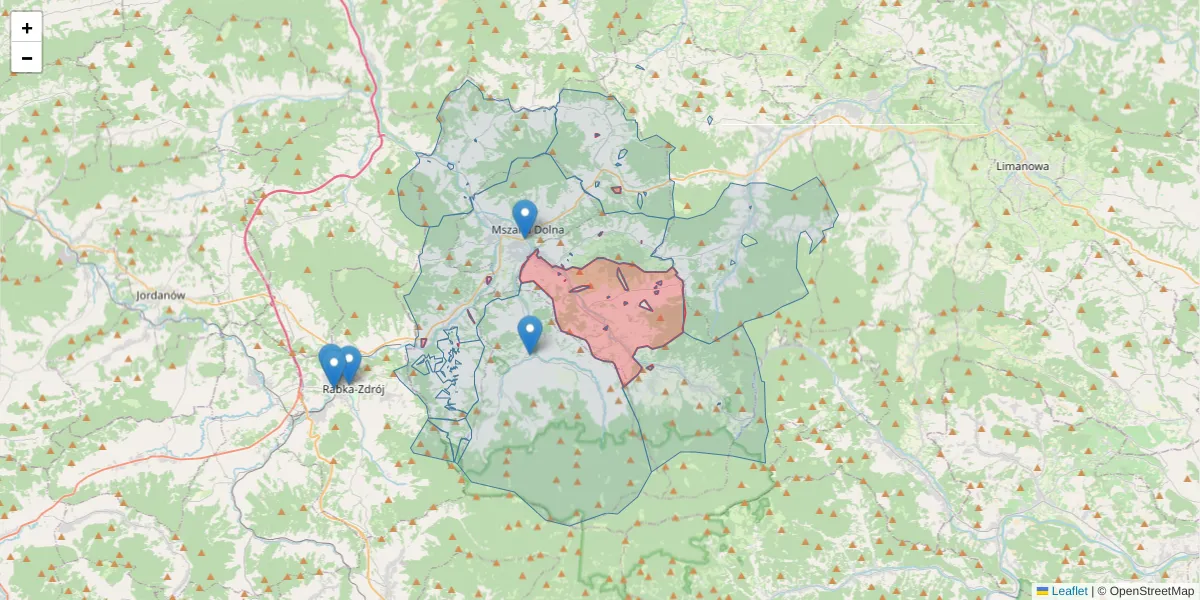 Szczegółowa mapa kodu pocztowego 34-733 z granicami, sąsiednimi kodami pocztowymi i urzędami pocztowymi