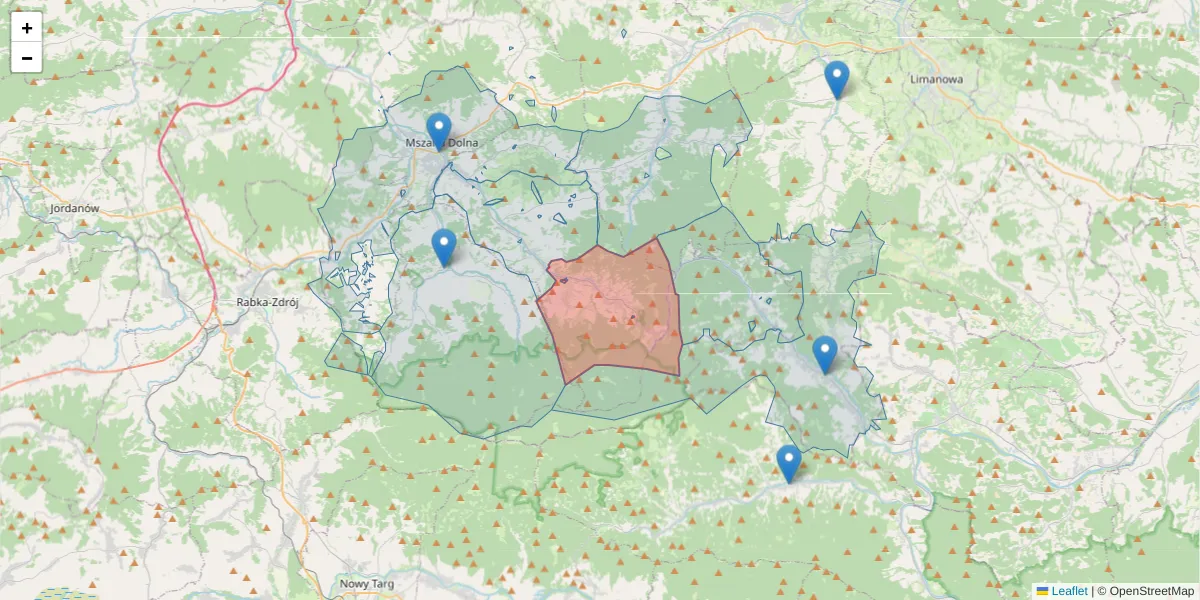Szczegółowa mapa kodu pocztowego 34-736 z granicami, sąsiednimi kodami pocztowymi i urzędami pocztowymi
