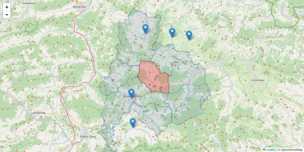 Szczegółowa mapa kodu pocztowego 34-741 z granicami, sąsiednimi kodami pocztowymi i urzędami pocztowymi