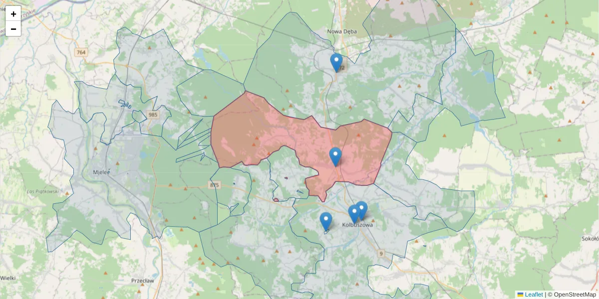 Szczegółowa mapa kodu pocztowego 36-105 z granicami, sąsiednimi kodami pocztowymi i urzędami pocztowymi
