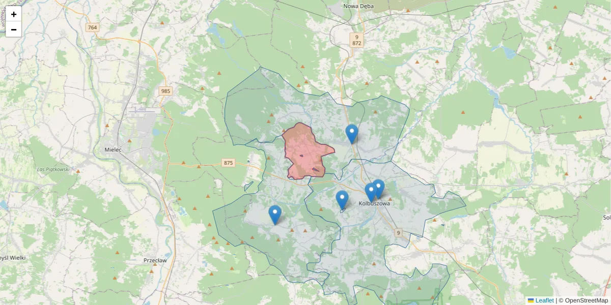 Szczegółowa mapa kodu pocztowego 36-106 z granicami, sąsiednimi kodami pocztowymi i urzędami pocztowymi