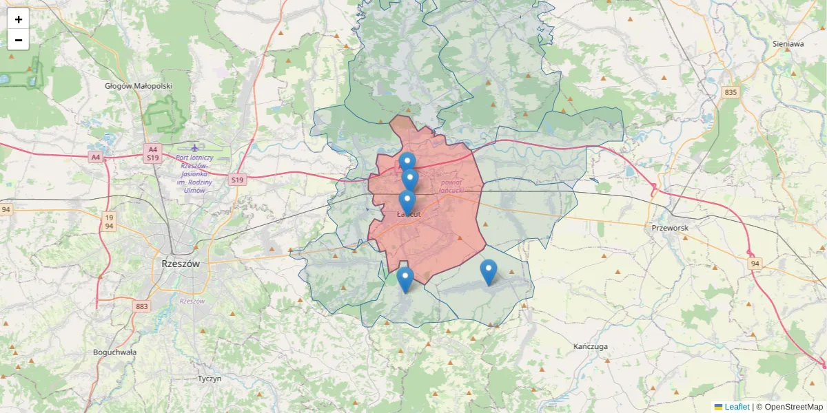 Szczegółowa mapa kodu pocztowego 37-100 z granicami, sąsiednimi kodami pocztowymi i urzędami pocztowymi