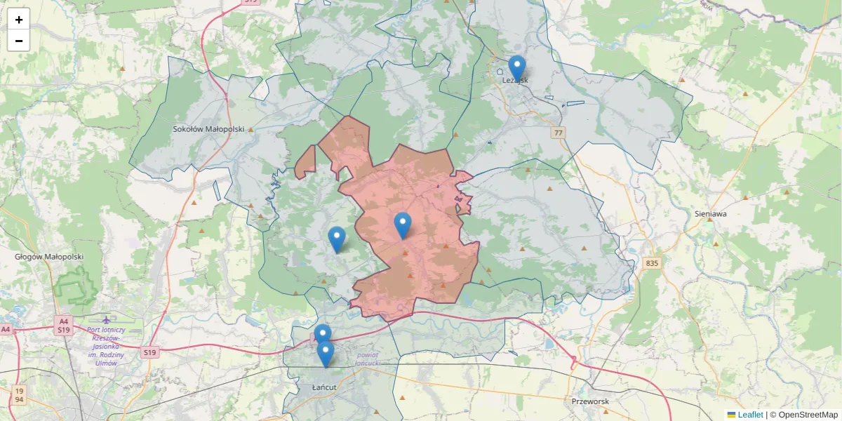 Szczegółowa mapa kodu pocztowego 37-110 z granicami, sąsiednimi kodami pocztowymi i urzędami pocztowymi