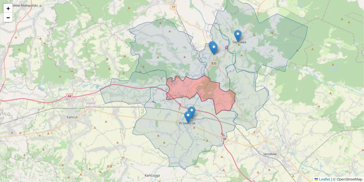 Szczegółowa mapa kodu pocztowego 37-203 z granicami, sąsiednimi kodami pocztowymi i urzędami pocztowymi