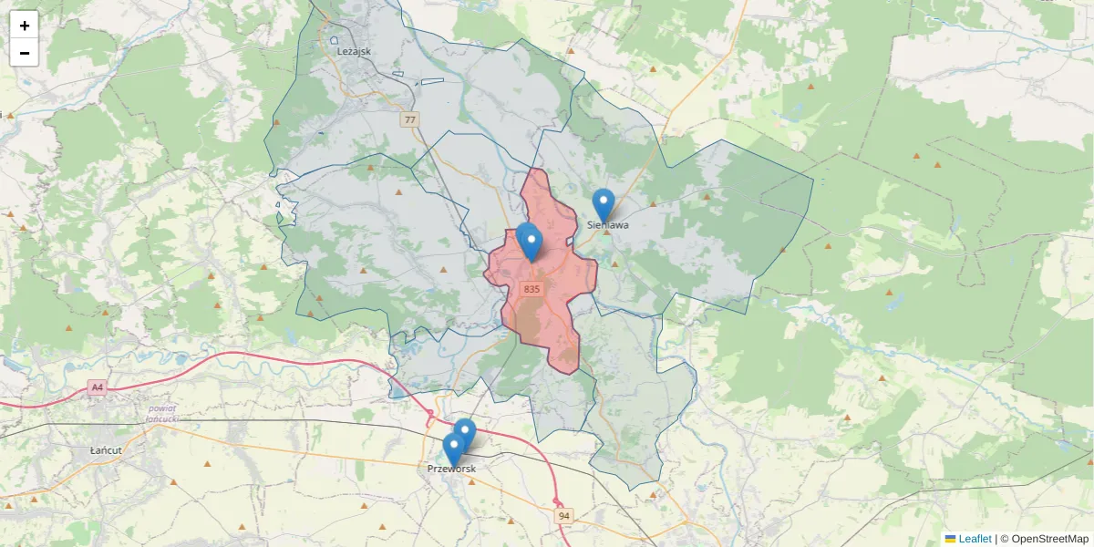 Szczegółowa mapa kodu pocztowego 37-204 z granicami, sąsiednimi kodami pocztowymi i urzędami pocztowymi