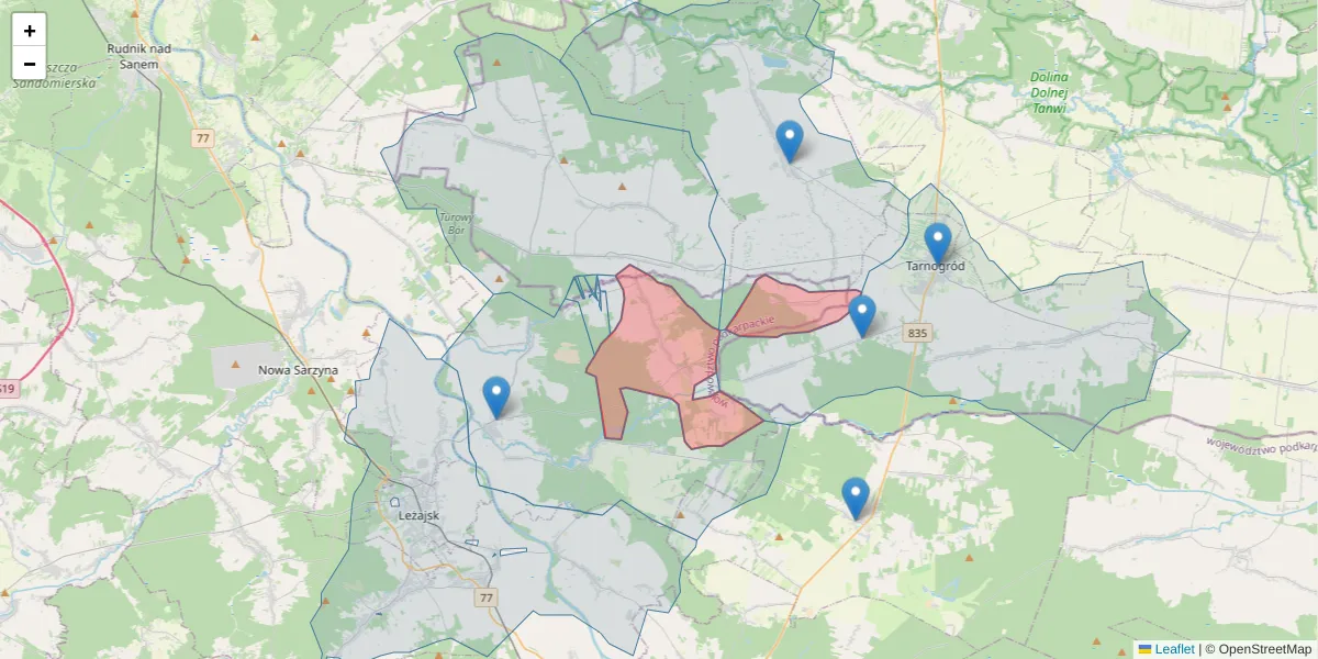 Szczegółowa mapa kodu pocztowego 37-304 z granicami, sąsiednimi kodami pocztowymi i urzędami pocztowymi