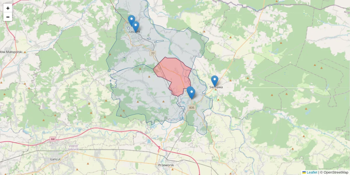 Szczegółowa mapa kodu pocztowego 37-305 z granicami, sąsiednimi kodami pocztowymi i urzędami pocztowymi