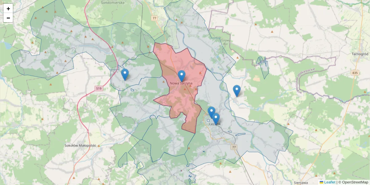Szczegółowa mapa kodu pocztowego 37-310 z granicami, sąsiednimi kodami pocztowymi i urzędami pocztowymi