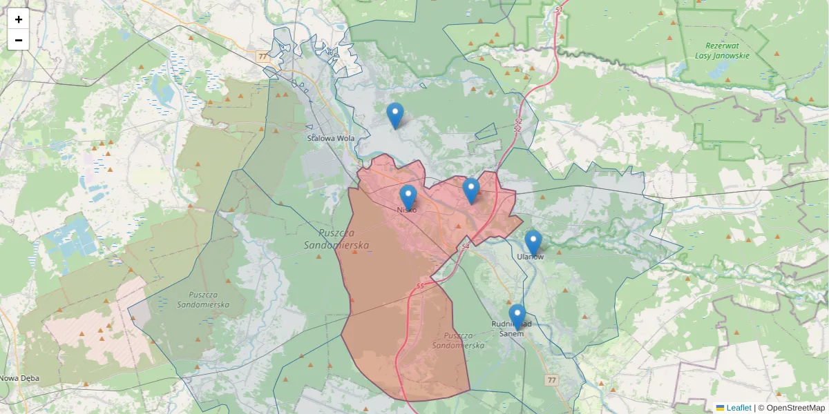 Szczegółowa mapa kodu pocztowego 37-400 z granicami, sąsiednimi kodami pocztowymi i urzędami pocztowymi