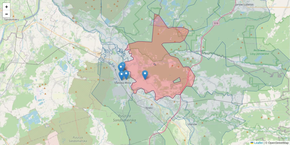 Szczegółowa mapa kodu pocztowego 37-403 z granicami, sąsiednimi kodami pocztowymi i urzędami pocztowymi